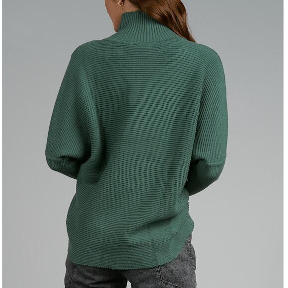 Elan Keegan Green Cable Knit Ribbed Criss-Cross Front High Neck Relaxed Sweater - Picture 6 of 9